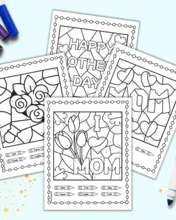 A preview of four pages of color by number worksheets for kindergarteners. They have a Mother's Day theme.