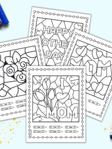 A preview of four pages of color by number worksheets for kindergarteners. They have a Mother's Day theme.