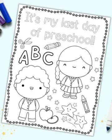 A preview of a last day of preschool coloring page with the caption "It's my last day of preschool!" The page has two children and school supplies. The page is on a light blue background