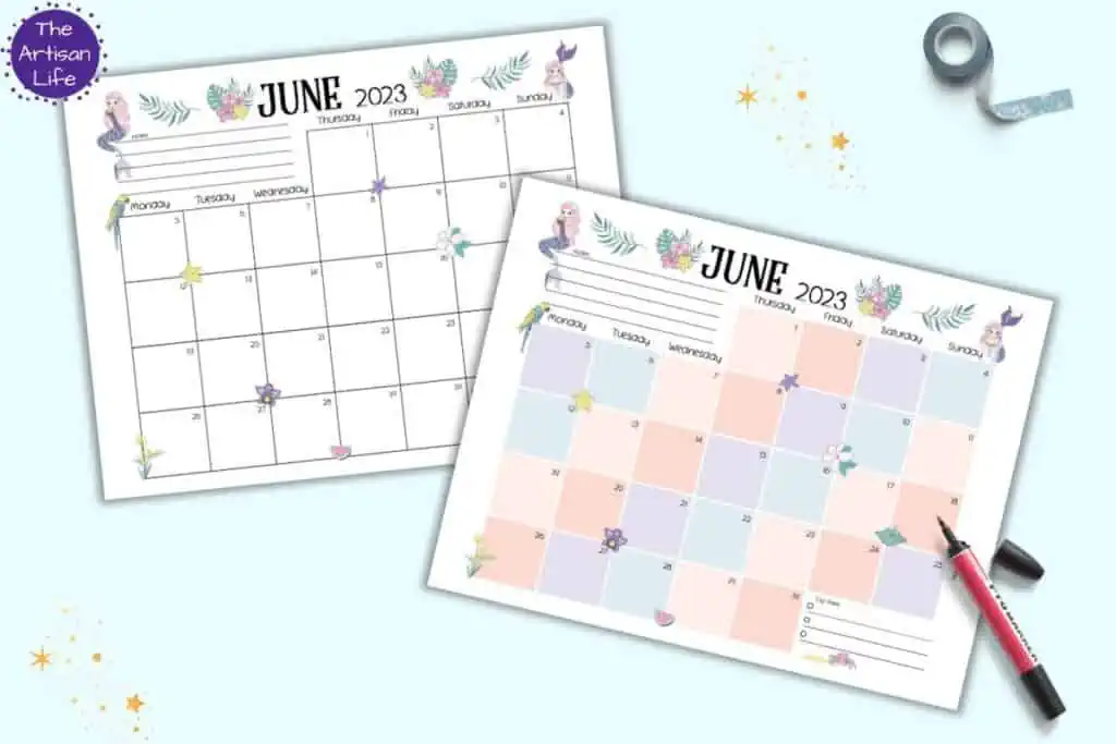 A preview of two printable June 2023 calendar pages with a tropical mermaid theme. They are on a light blue background with stars.