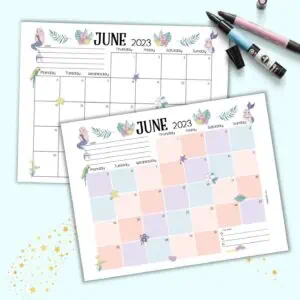 A preview of two printable June 2023 calendar pages with a tropical mermaid theme