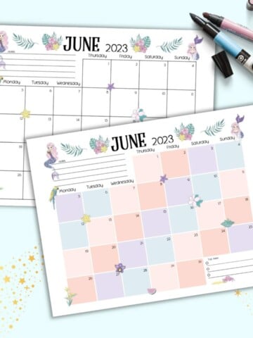 A preview of two printable June 2023 calendar pages with a tropical mermaid theme