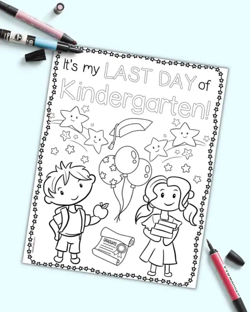 A preview of a coloring page with a boy, a girl, balloons, stars, a diploma, and a graduation hat and the caption "It's my last day of Kindergarten!"
