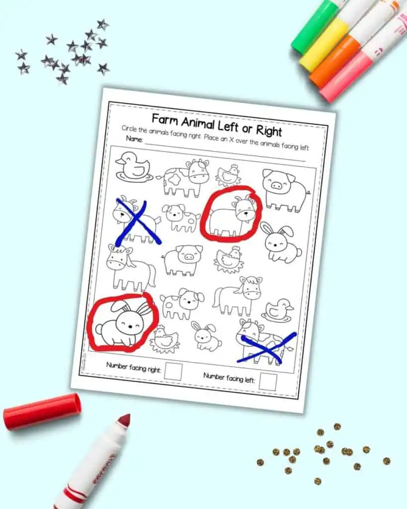 A preview of a left or right worksheet with a farm animal theme. Two animals are circles in red and two are crossed out with blue.