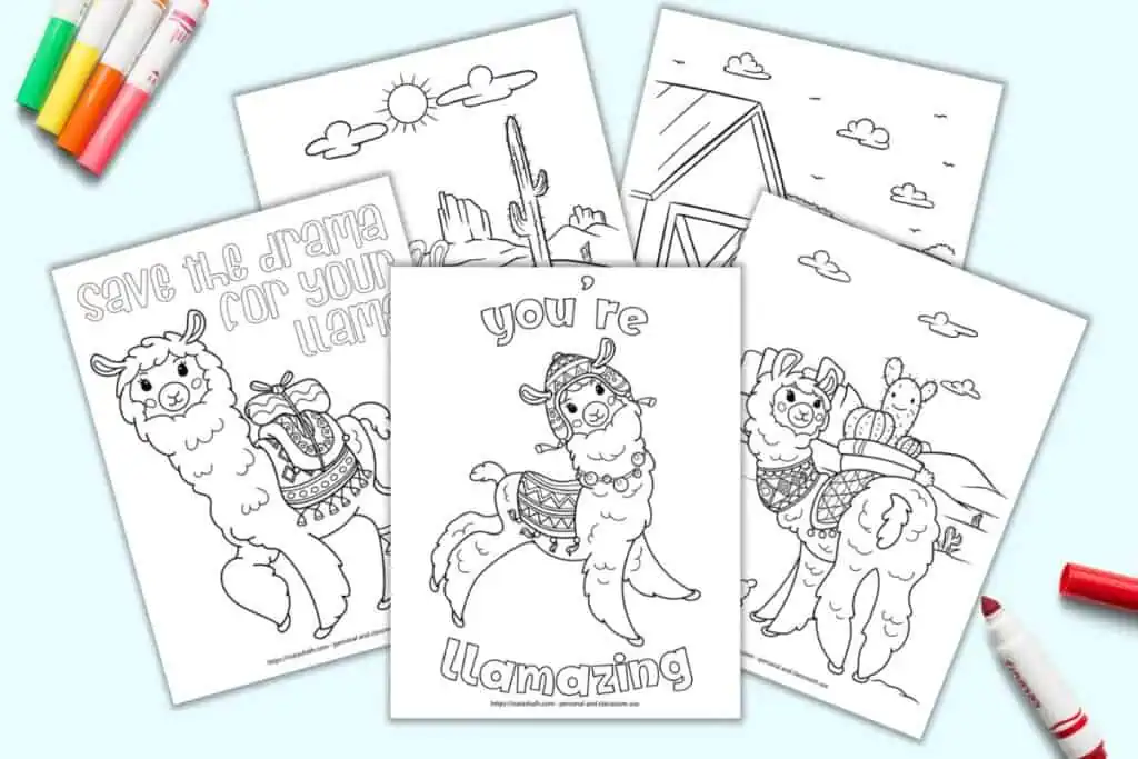A preview of five free printable llama coloring pages