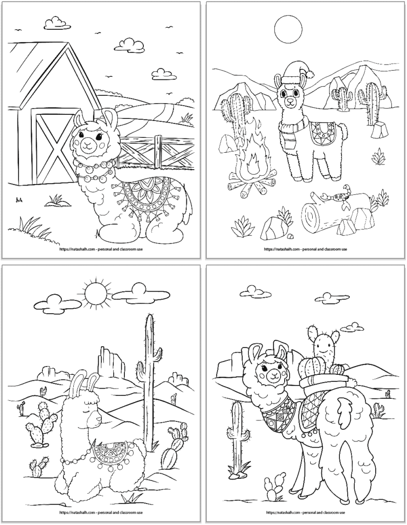 four cute llama coloring pages