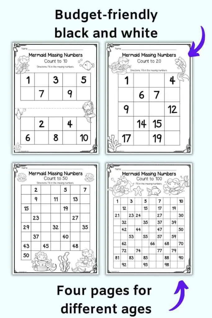 A preview of four missing number worksheets with a mermaid theme. One has two charts of numbers 1-10, one has 1-20, another page has 1-50, and the last page has 1-100