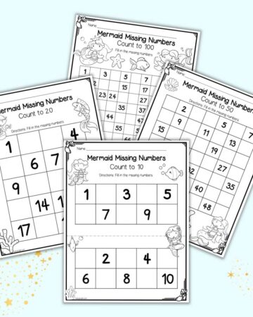 A preview of four missing number worksheets with a mermaid theme. One has two charts of numbers 1-10, one has 1-20, another page has 1-50, and the last page has 1-100