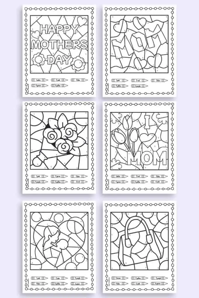 A preview of six pages of color by number worksheets for kindergarteners. They have a Mother's Day theme and are shown on a light purple background.