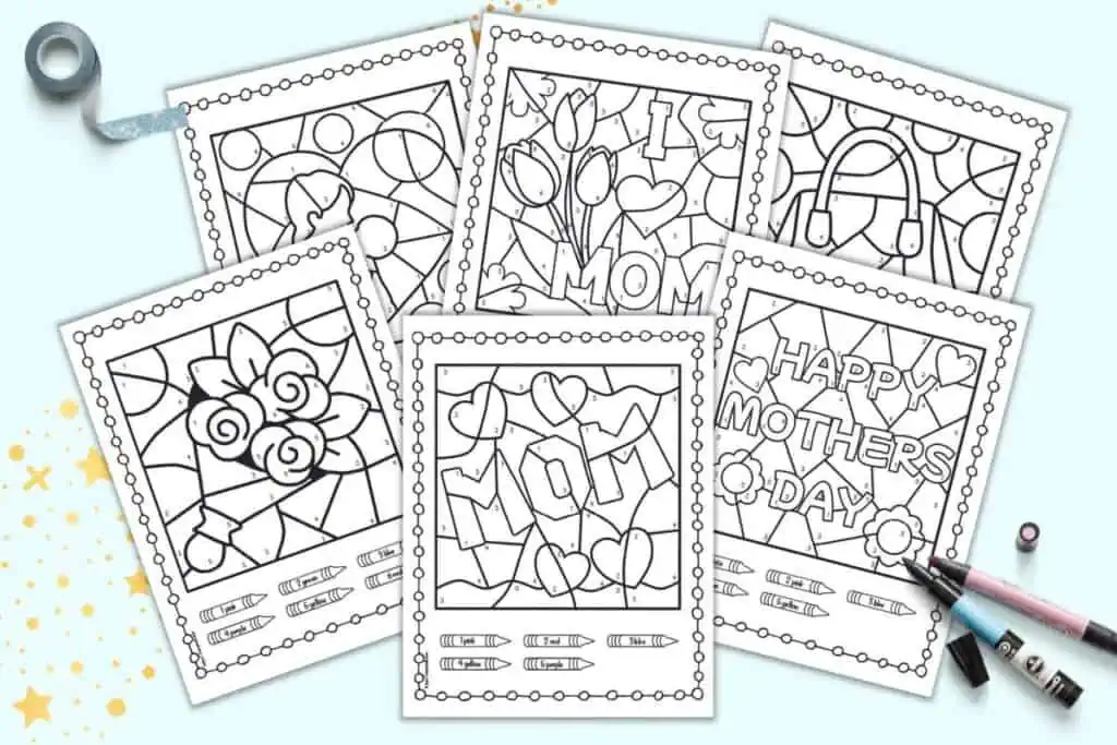 A preview of six pages of color by number worksheets for kindergarteners. They have a Mother's Day theme.