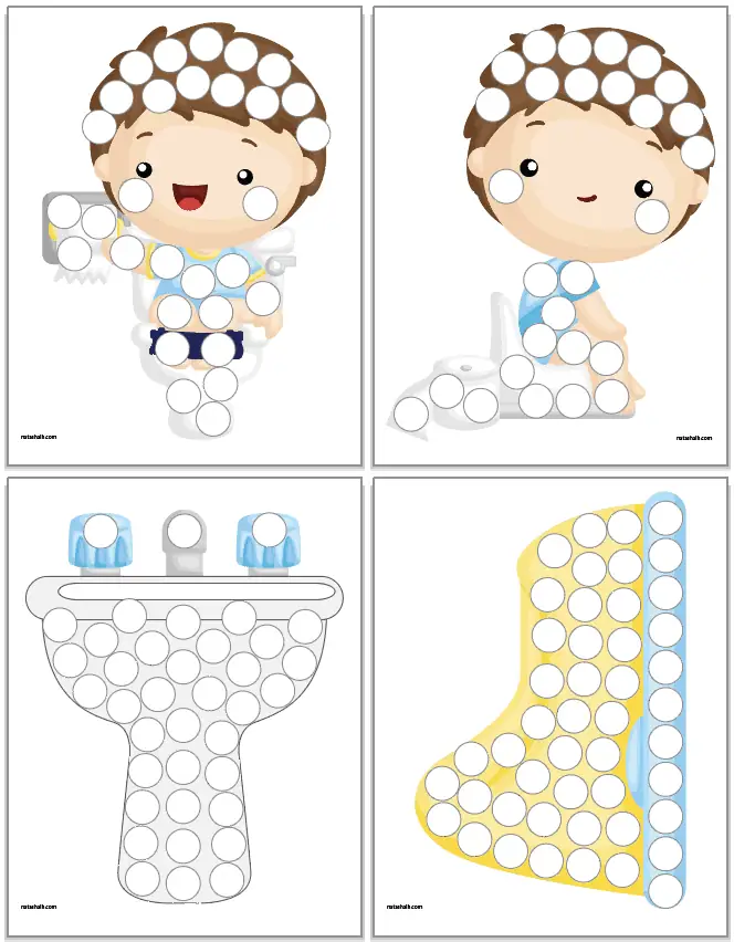 Four potty training themed dot marker pages for toddlers. They show: a boy on a big potty, a boy on a little potty, a bathroom sink, and a yellow little potty