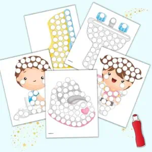 A preview of five potty training themed printable dot marker coloring pages