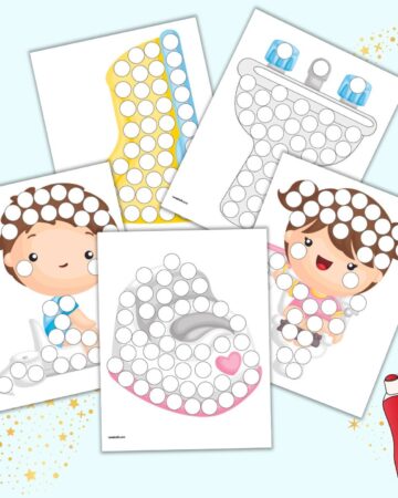 A preview of five potty training themed printable dot marker coloring pages