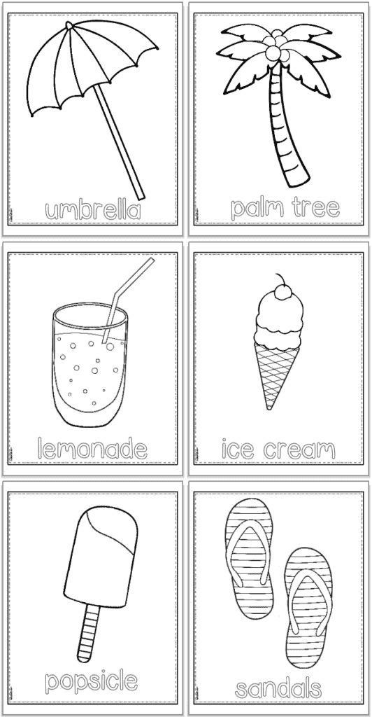 six beach vocabulary themed coloring pages for kids