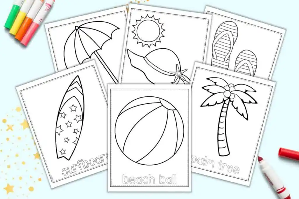 Six beach vocabulary themed coloring pages for kids shown on a light blue background with children's markers.