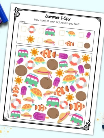 A preview of a summer beach themed I spy printable for kids