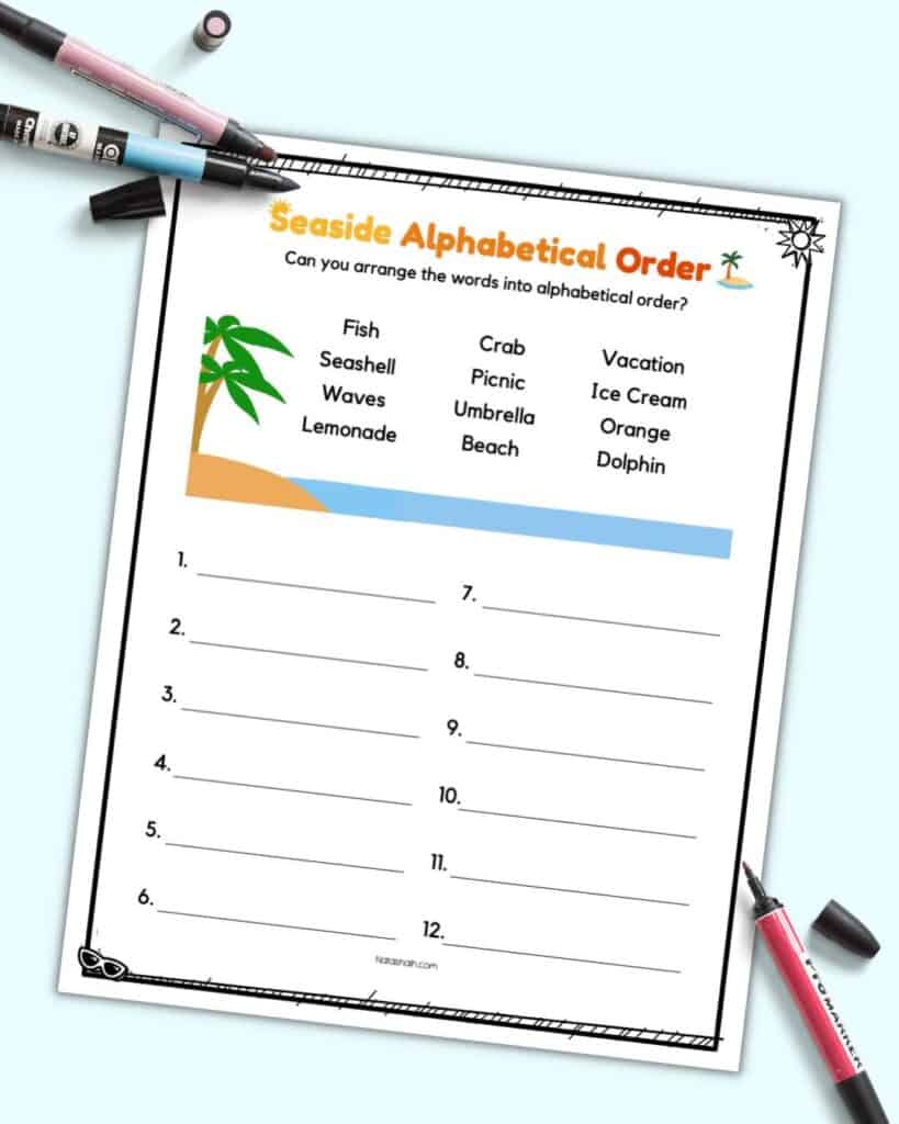 A preview of a beach themed alphabetizing worksheet for early elementary students with 12 words to place in alphabetical order