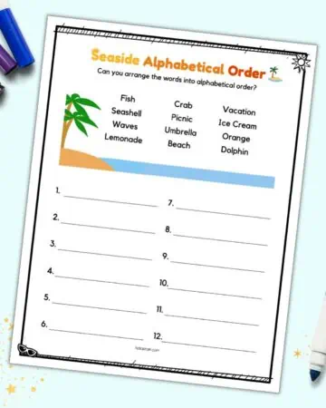 A preview of a beach themed alphabetizing worksheet for early elementary students with 12 words to place in alphabetical order