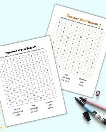 A preview of two pages of summer word search printable for kids. One is in color and the other in black and white.