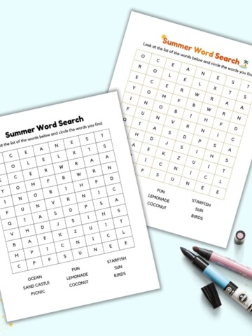 A preview of two pages of summer word search printable for kids. One is in color and the other in black and white.