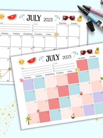 A preview of two printable July 2023 dated calendar pages on a light blue background