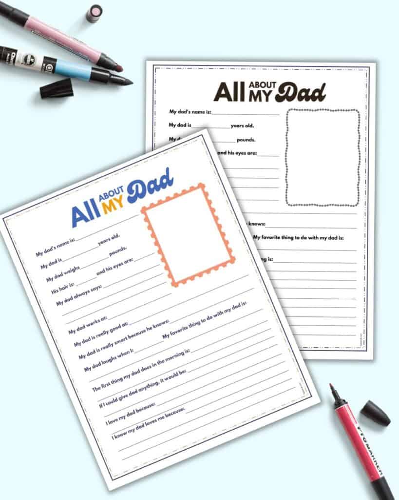 A preview of a color and black and white all about my dad questionnaire for Father's Day