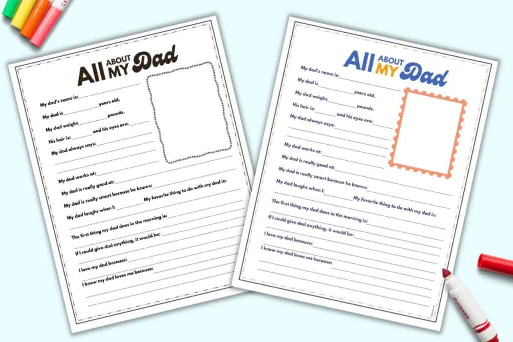 A preview of a color and black and white all about my dad worksheet for Father's Day