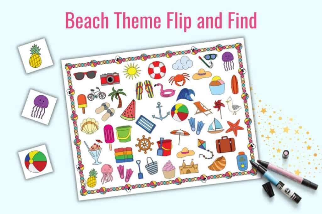 A preview of a beach themed flip and find game mat with three cards