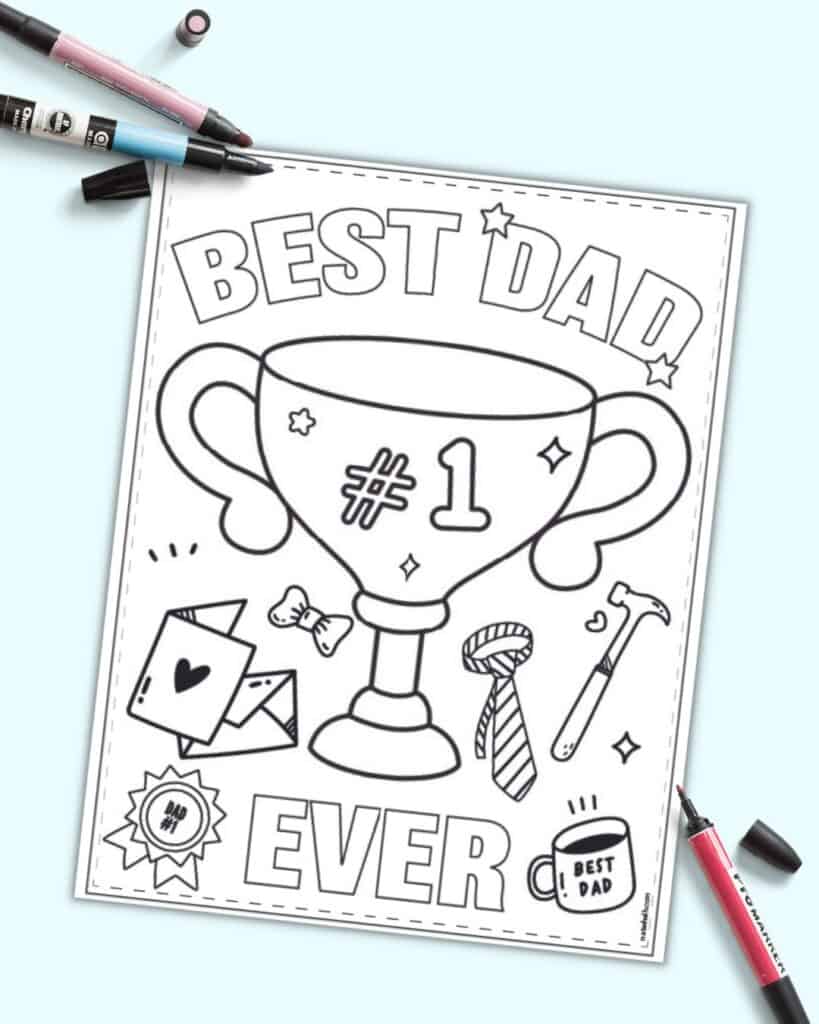 A preview of a Best Dad Ever coloring page for Father's Day. It has a trophy, bold letters, and dad-related elements to color.
