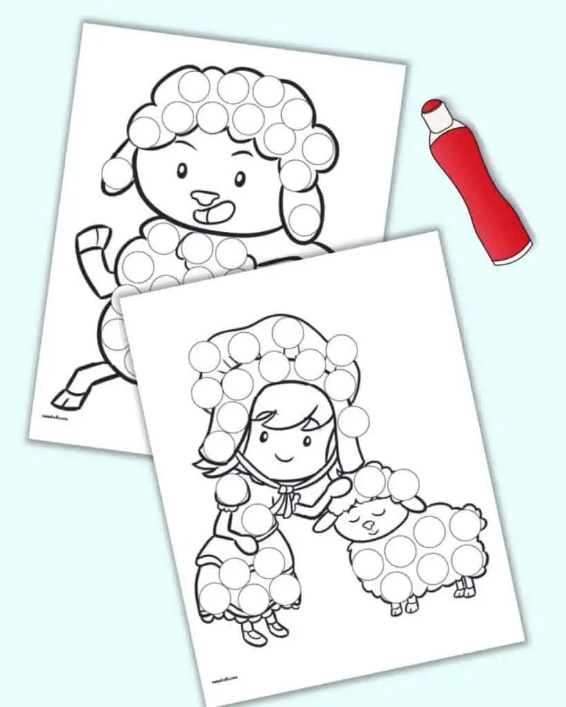 A dot marker page with Little Bo Peep petting a sheep and a sheep running away