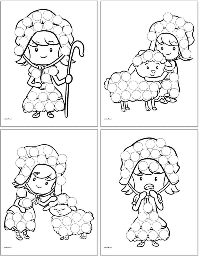 Four dot marker pages with Little Bo Peep and her sheep