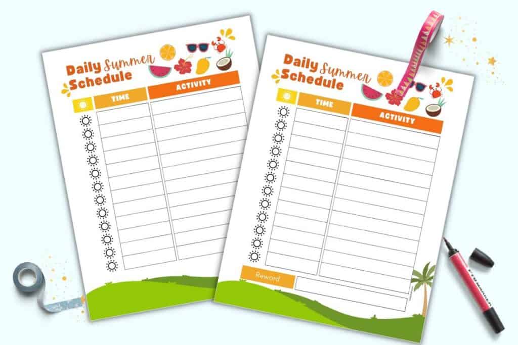 A preview of two pages of daily summer schedule printable for kids
