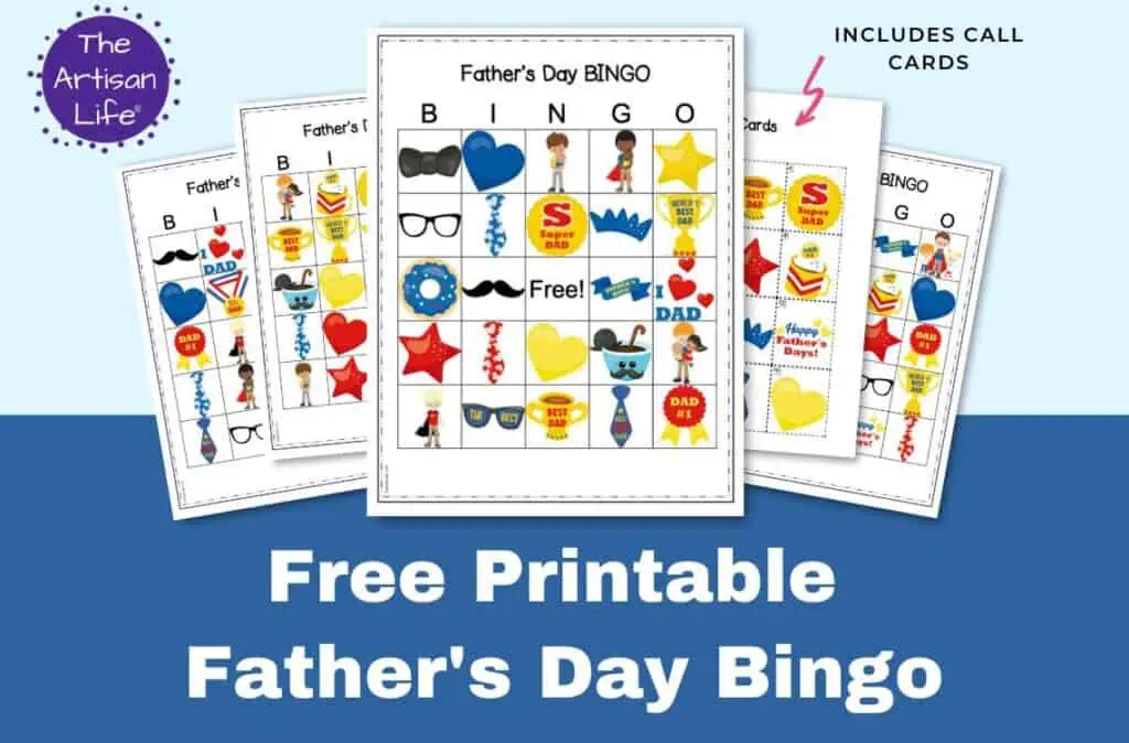 A preview of five Father's Day themed picture bingo cards with the text "free printable Father's Day bingo"