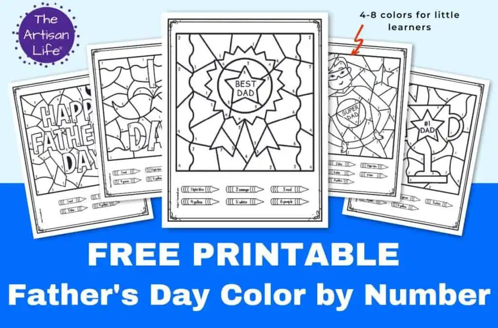 A preview of five free printable Father's Day color by number pages for kindergarteners and text "free printable Father's Day color by number"