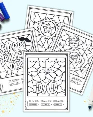 A preview of four free printable Father's Day color by number pages for kindergarteners