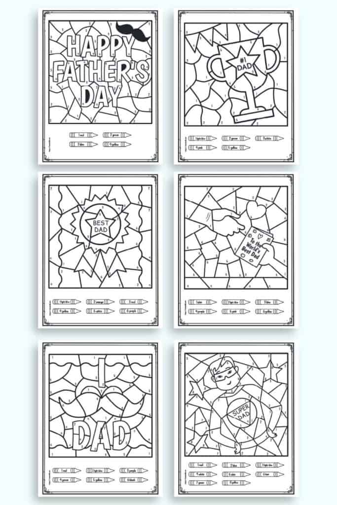 A preview of six free printable Father's Day color by number pages for kindergarteners