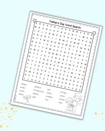 A mockup of a free printable Father's Day word search