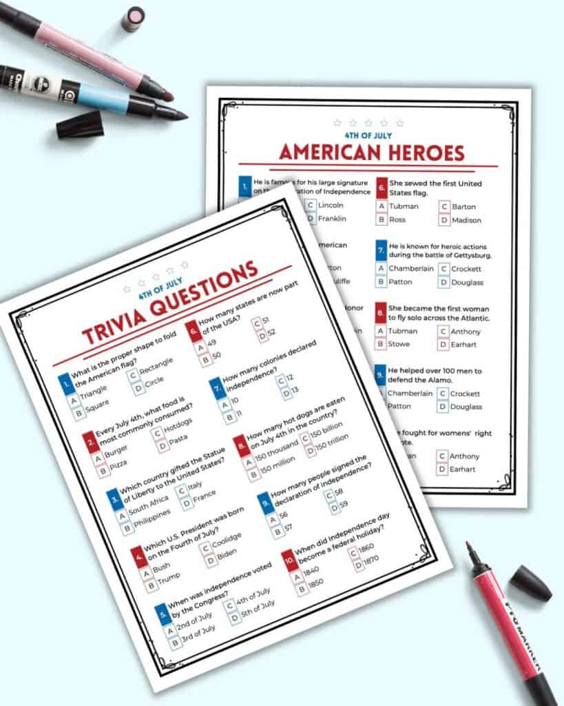 A preview of two pages of multiple choice trivia for the Fourth of July, They are shown on a light blue background. 