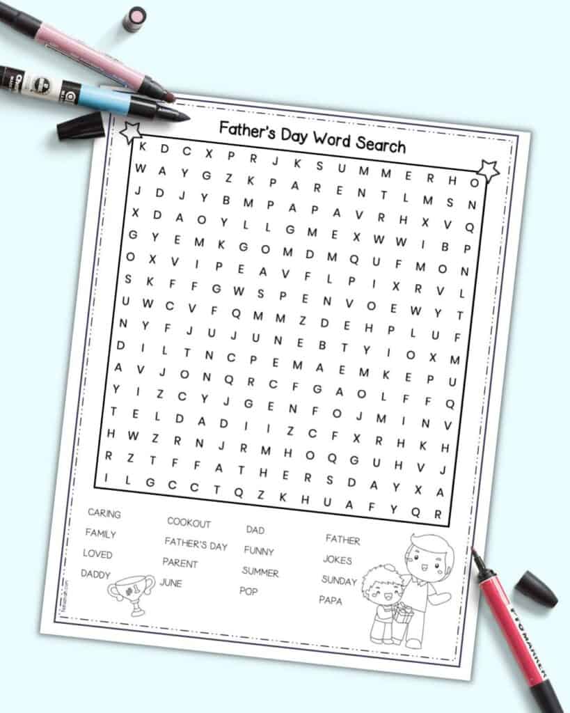 A mockup of a free printable Father's Day word search. It is on a light blue background with open markers.