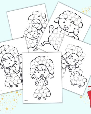 A preview of five pages of Little Bo Peep and sheep themed dot marker pages