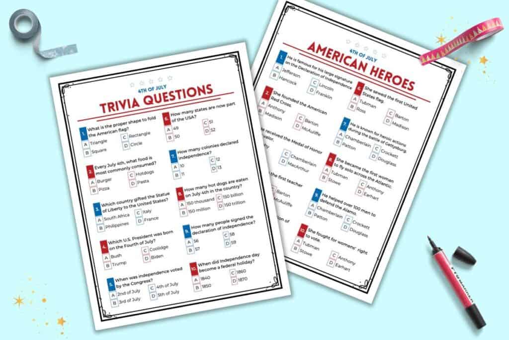 A preview of two pages of multiple choice trivia for the Fourth of July