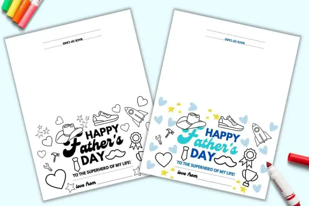 A preview of two printable Father's Day cards - one in color and the other in black and white