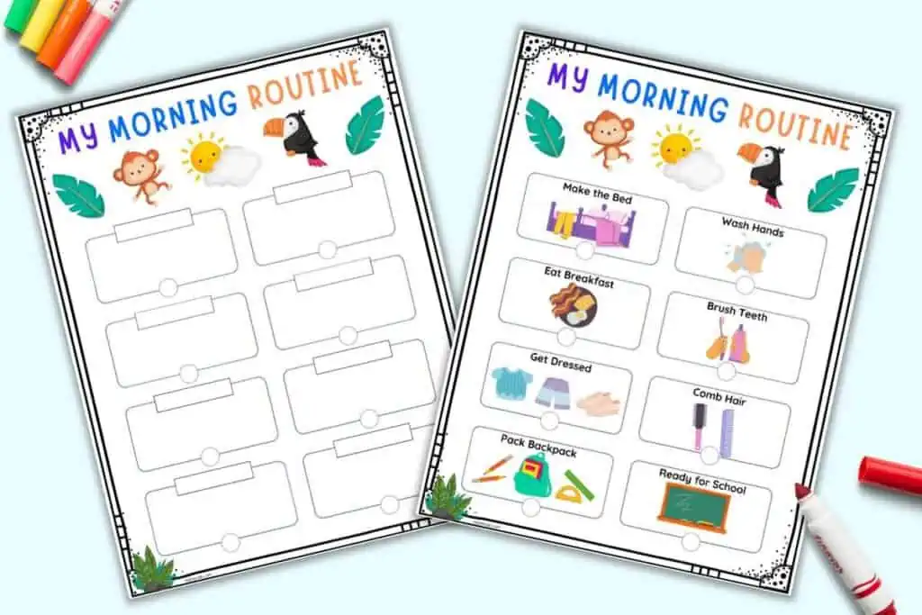 A preview of two children's morning routine charts. One is blank with space to fill in tasks and the other has eight pre-filled tasks with images.