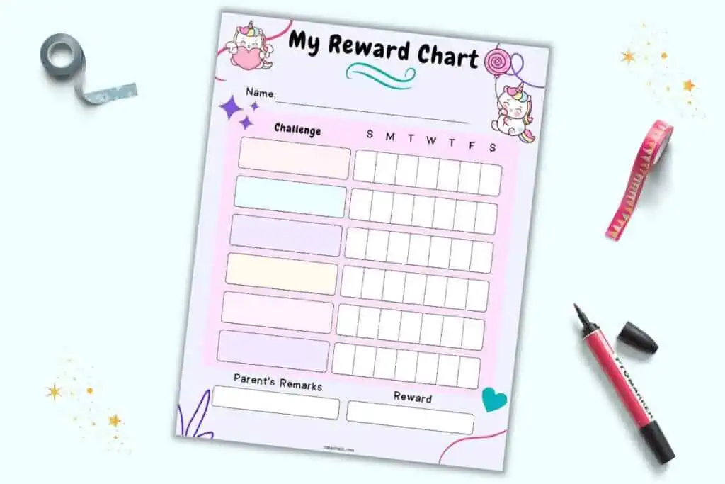 A preview of a unicorn themed reward chart printable for kids