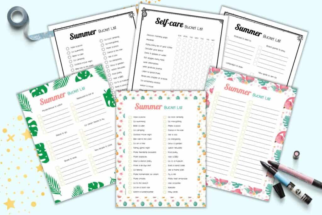 A preview of six pages of summer themed bucket list printable. Three are in color and three are in black and white. 