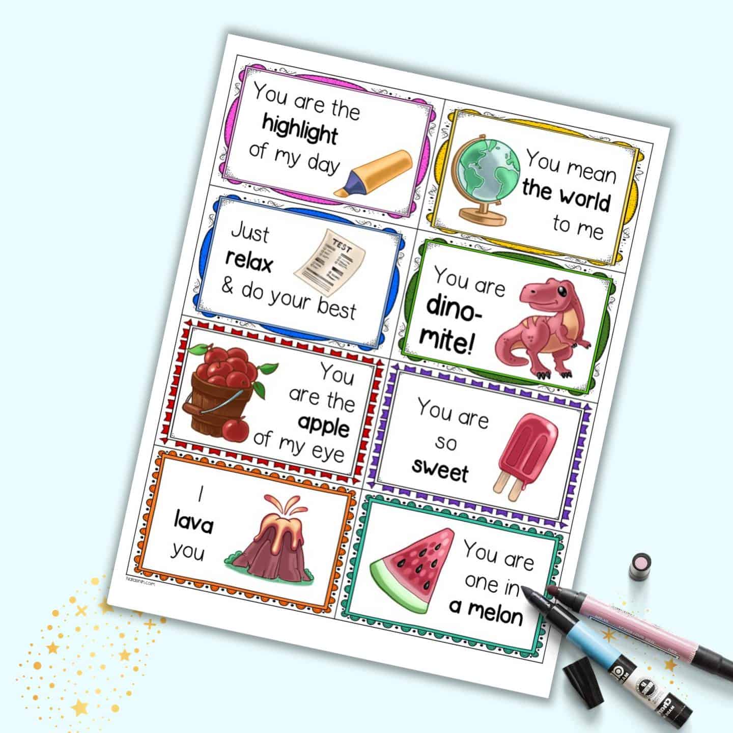 A preview of a page of encouraging lunch box notes