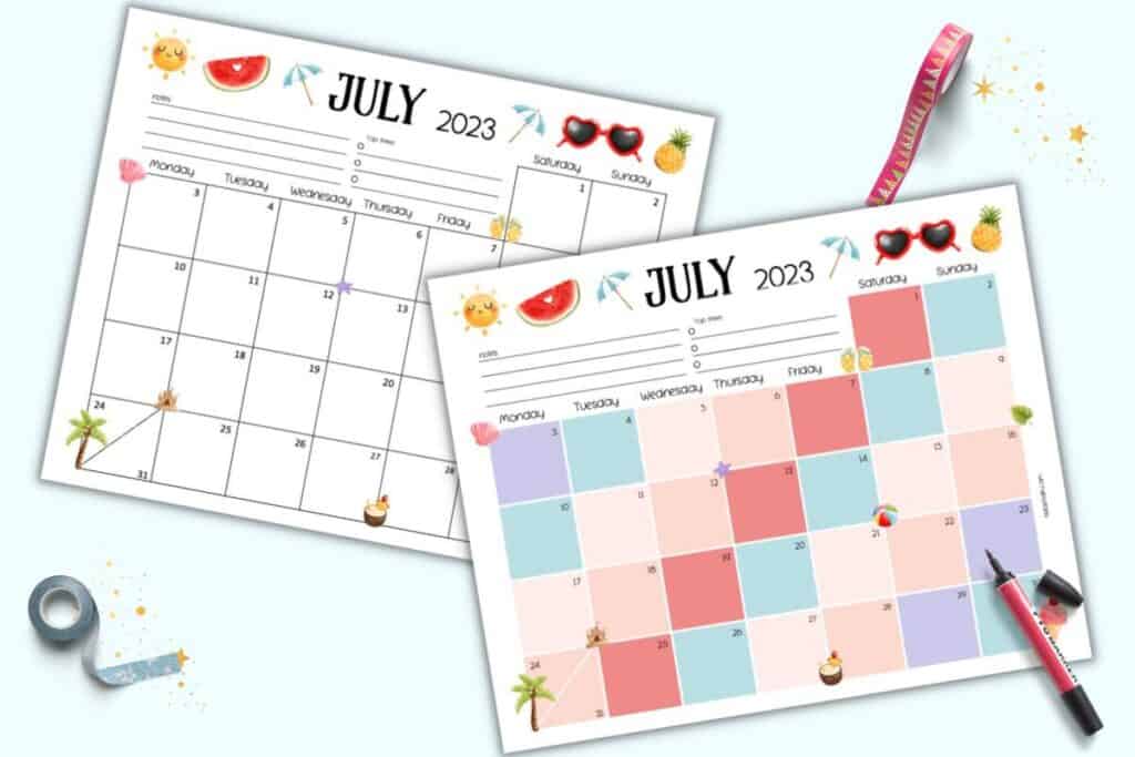 A preview of two printable calendar pages for July 2023