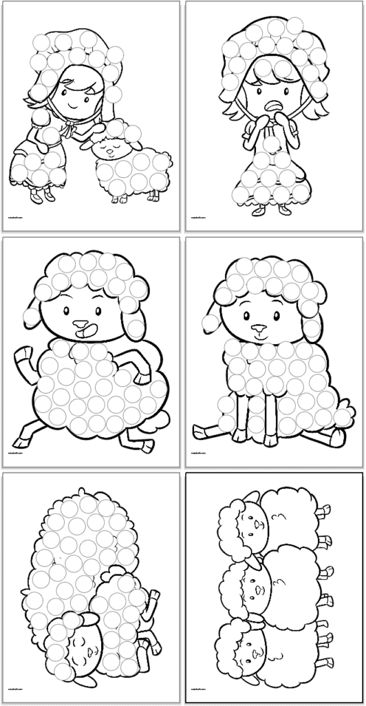 Six dot marker pages with Little Bo Peep and her sheep