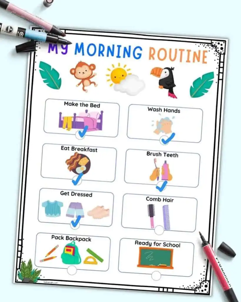 A preview of a child's morning routine chart with pictures and eight pre-filled tasks such as brushing etch and packing backpack