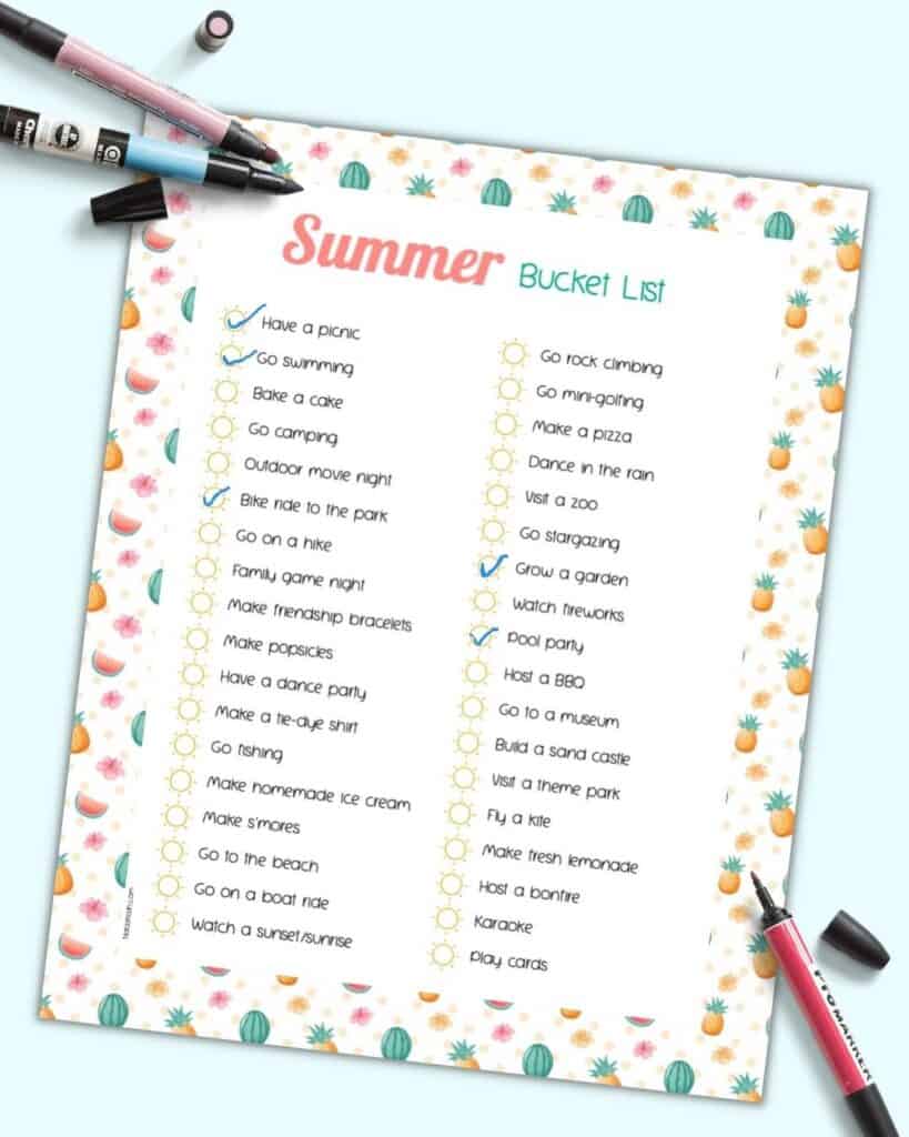 A preview of a partially checked off summer bucket list printable